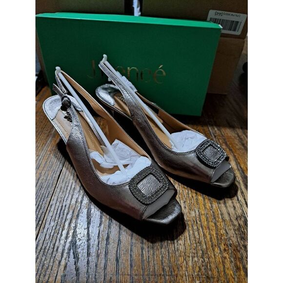 New 11W J Renee Madeleina Taupe Metallic Leather Rhinestone Heel Dress Shoes - Picture 7 of 11